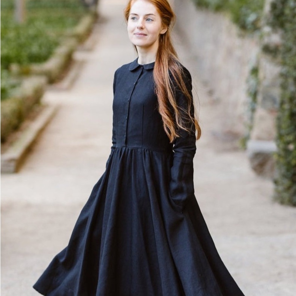 Son De Flor Classic Dress Black Long Sleeve Linen Full Length Dress